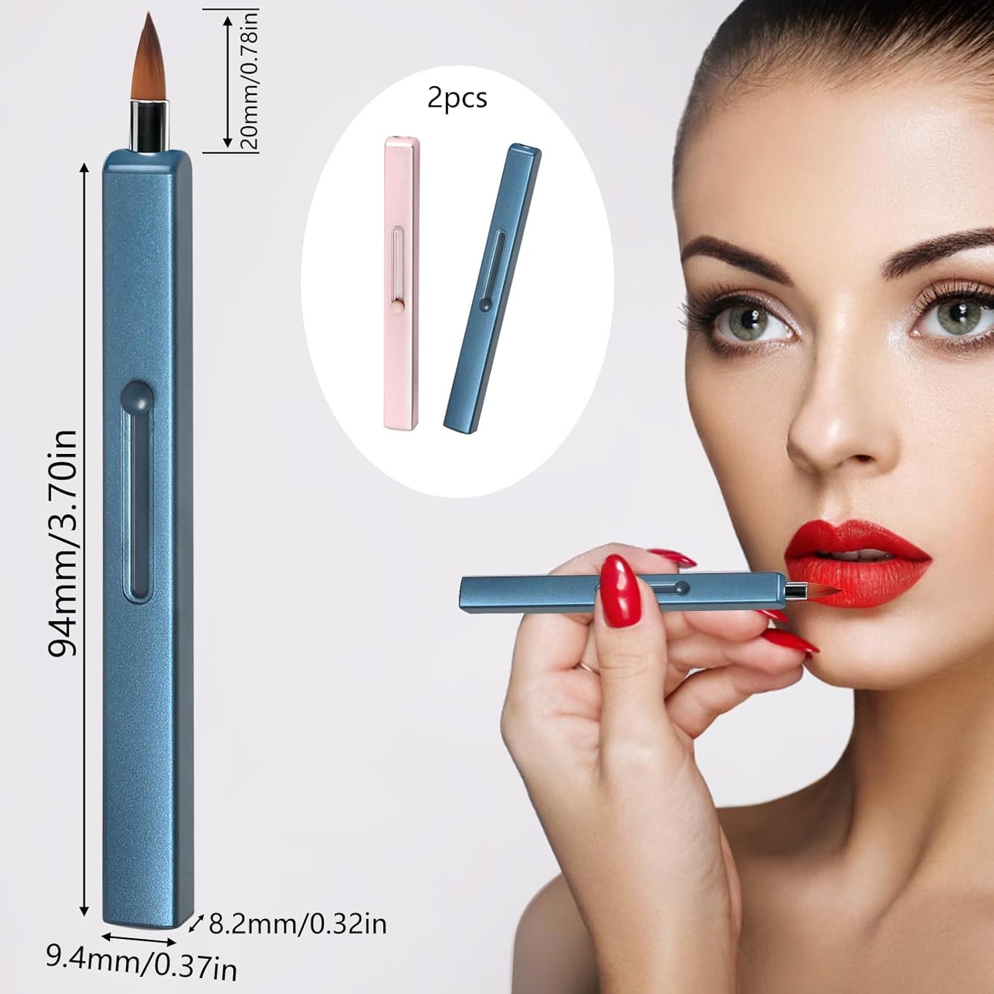 Retractable Lip Brush 2pc Applicators Flat for Lipstick Gloss Creams Portable with Cap, Professional Makeup Brush (blue+Pink)