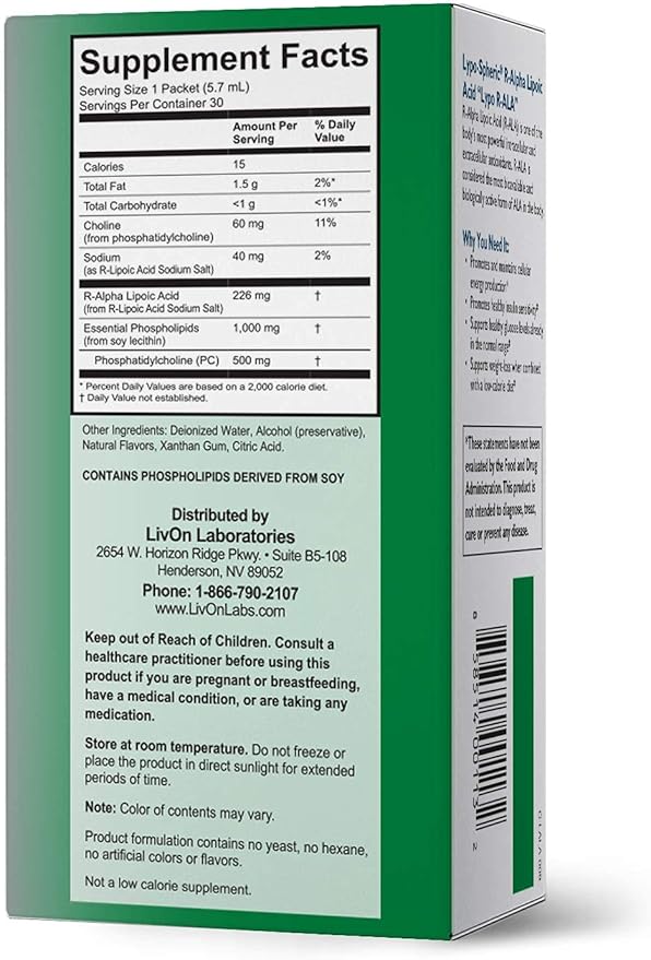 LivOn Laboratories Lypo-Spheric R-Alpha Lipoic Acid 30 Packets 226mg Per 100% Non-GMO