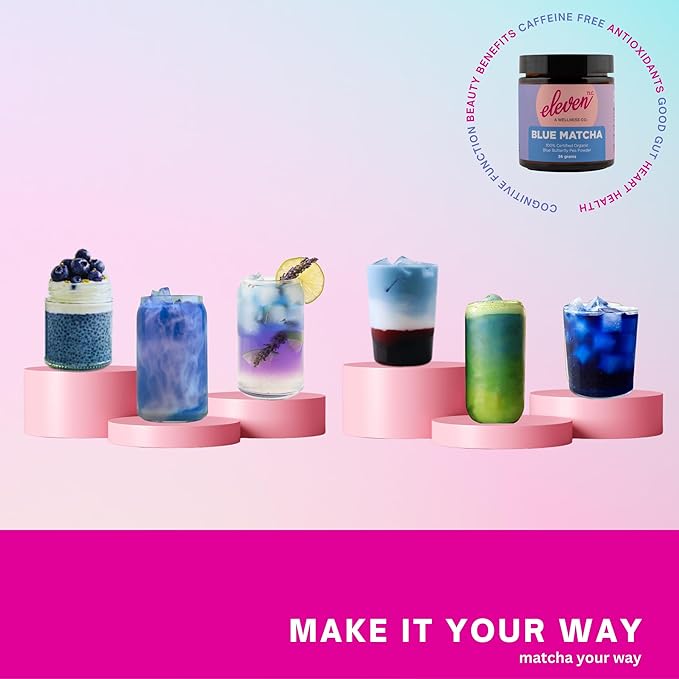 Eleven TLC, Blue Matcha Powder, 100% Organic Butterfly Pea Flower, Antioxidants, Wellness Support, Clitoria Ternatea, Caffeine -Free, GMO-Free, Smoothies, Cocktails, Mocktails, 18 Servings