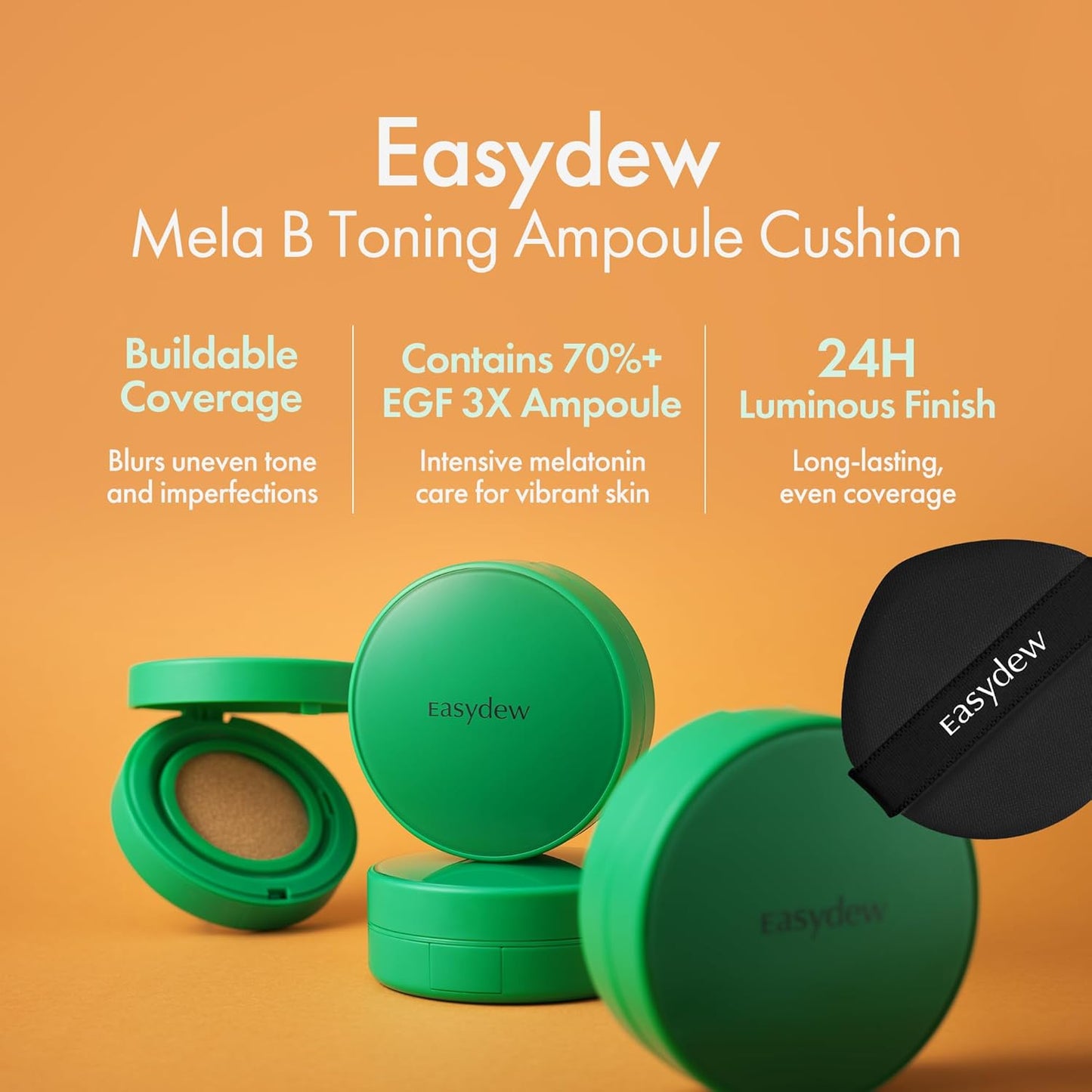 Easydew Mela B Toning Ampoule Cushion Refill - 2-in-1 Korean Skin Care & Face Beauty Makeup - Age-Defying Full Coverage Cushion Foundation with Niacinamide & Hyaluron-Vital C 0.45 oz (#13 Porcelain)
