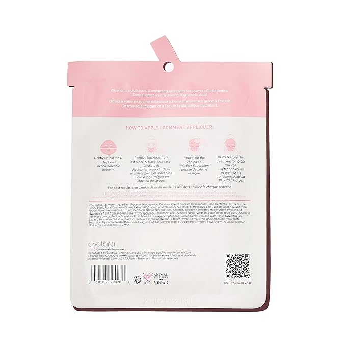 Avatara Rose Boba Hydrogel Mask, Cooling Facial Mask, 2-Piece Glow-Enhancing, Hydrating, Balancing Skin Care Mask with Niacinamide & Rose Extract, 30 g, 1-Pack