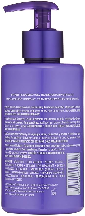 Obliphica Seaberry Leave In Moisture and Styling Cream for Women - Anti-Frizz Control, Normal Hair Products, Damaged Repaired Hair - Hair Mask & Treatment for Protecting Hair & Scalp - 10 Fl Oz