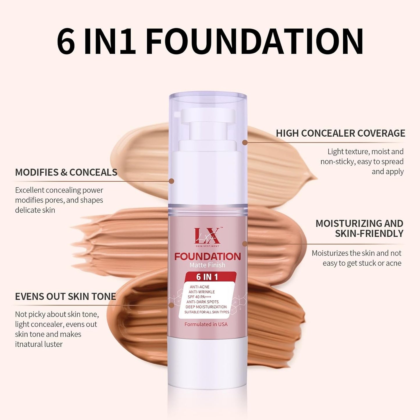 6-in-1 Makeup Infused with 1% Hyaluronic Acid- Matte + Poreless Liquid Foundation For A Glowing & Soft-Focus Look, Suitable for All Skin Types (410 Deep, Acne-serum Foundation)