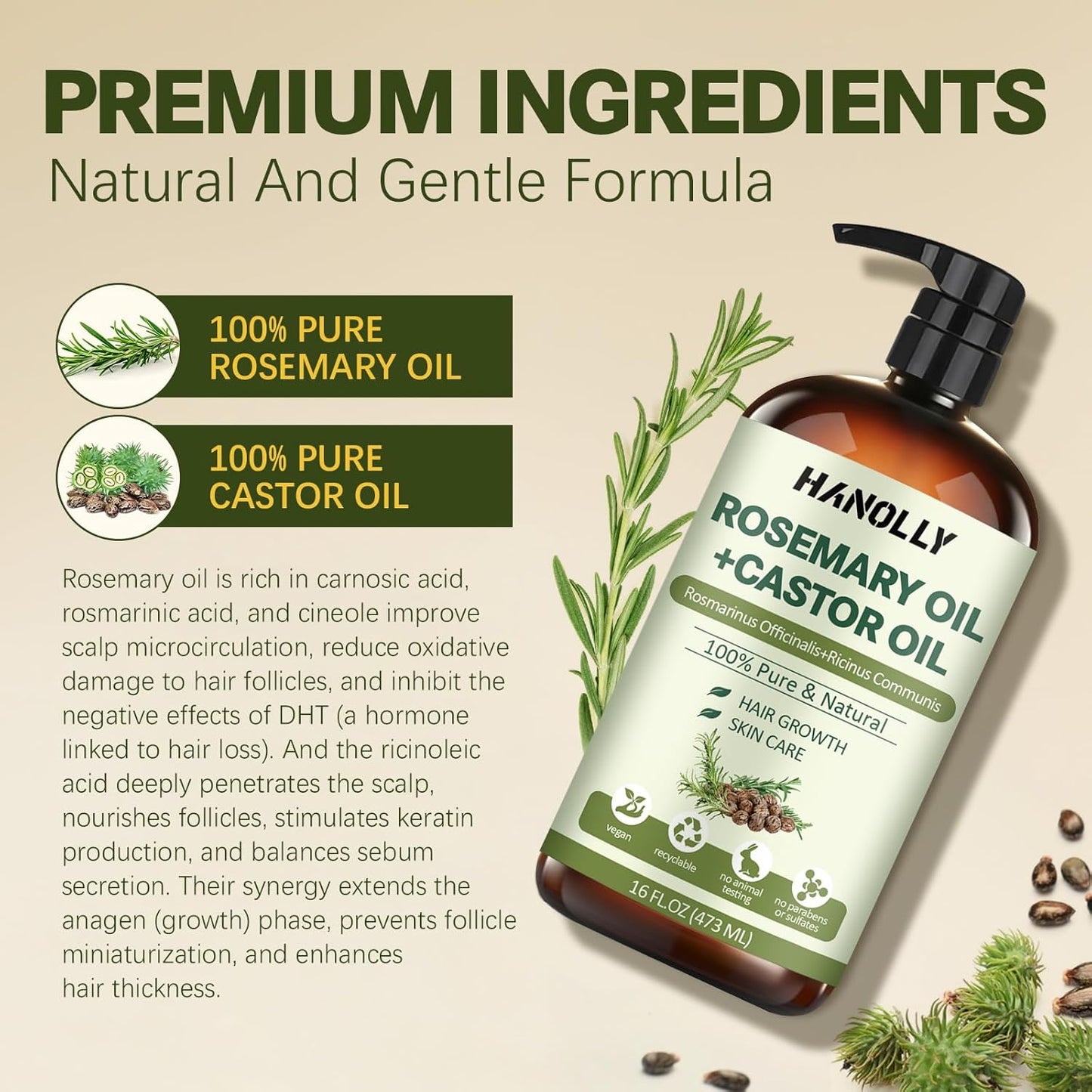 Rosemary Castor Oil for Hair Growth 16oz - 100% Pure Rosemary Oil with Castor Oil, Blend of Effective Hair Oils For Hair Growth, Hydration Scalp, Reduce Loss & Split Ends