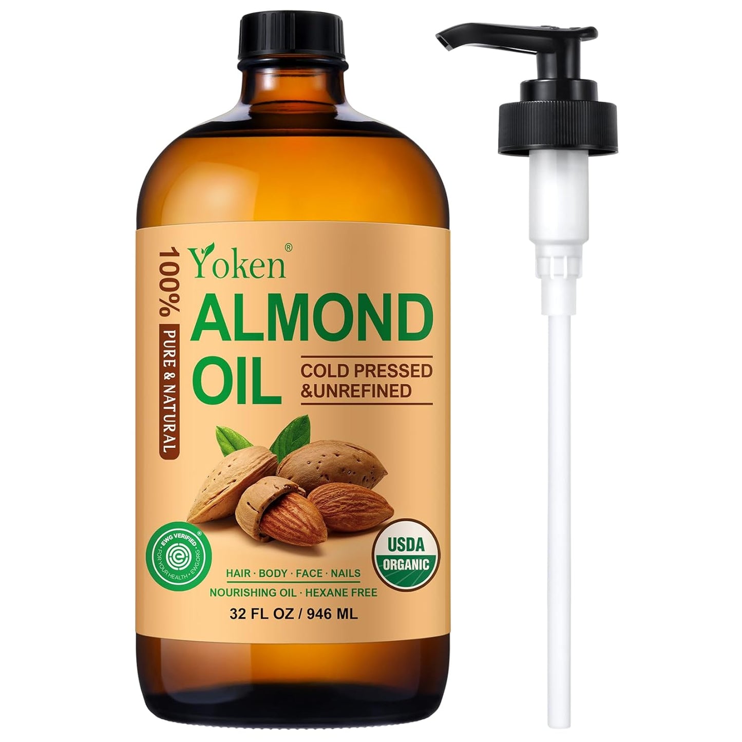 Organic Almond Oil 32 fl oz 100% USDA Pure Cold Pressed Glass Bottle Almond Oils for Skin, Hair, Face, Body Moisturizer, Smooth and Soft Skin, Base Carrier Oil for DIY, Massage