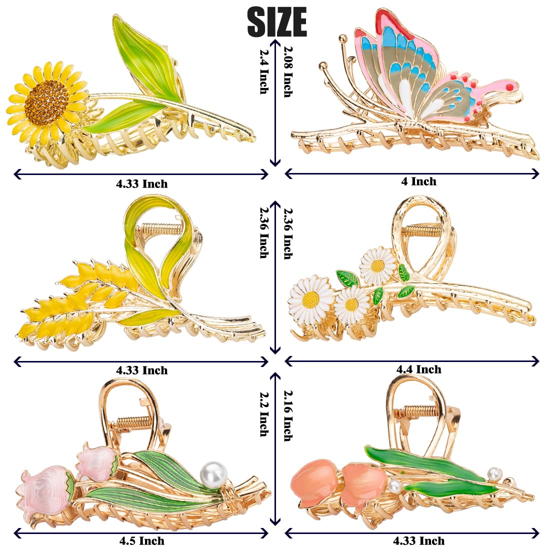 6 Pcs Flower Metal Claw Hair Accessories for Women & Girls - Large Tulip Nonslip Styles, Strong Hold Matte Claws for Long, Thick & Thin Hair