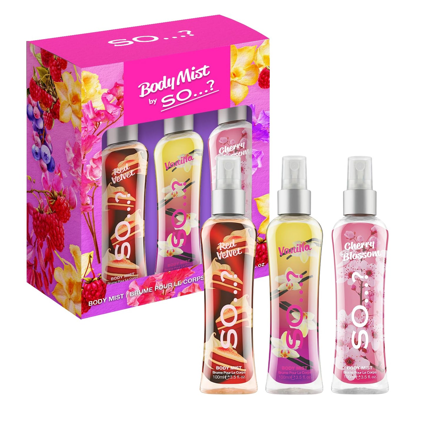 So…? Body Mist Set - Perfumes for Women - Vanilla Perfume, Red Velvet, Cherry Blossom - Scents Lasting 6 Hours - Fragrance Gifts for Women - 3 pcs