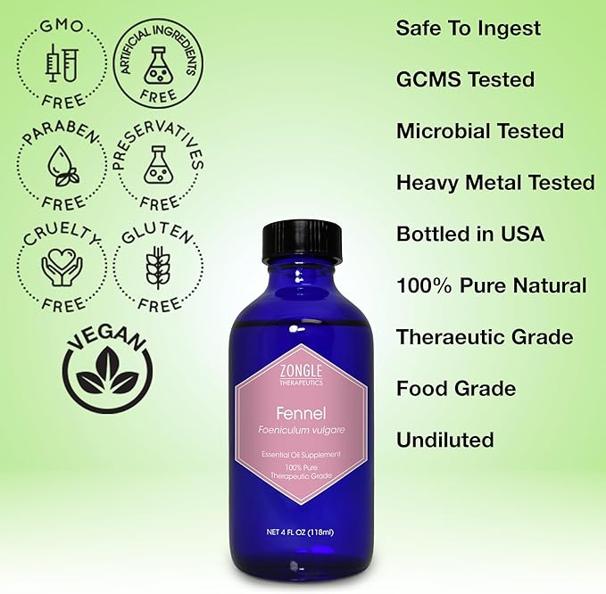 Fennel Essential Oil, Food Grade – 100% Pure, Fennel Oil, by Zongle Therapeutics, 4 OZ