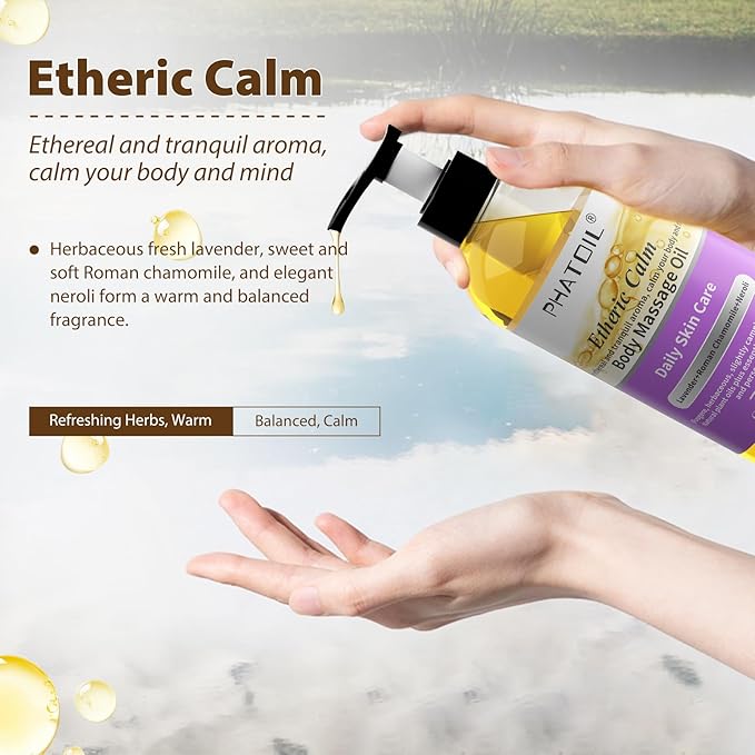 Etheric Calm Body Massage Oil 260 ml (8.8 fl.oz), Blends of Natural Plant Oils and Essential Oils for Massage and Skin Care, Body Oils for Women and Men