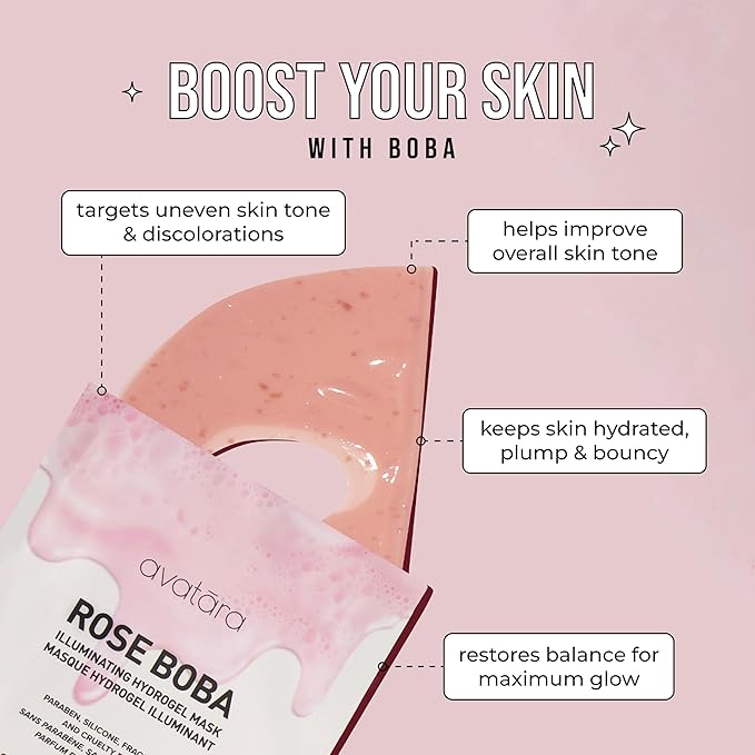 Avatara Rose Boba Hydrogel Mask, Cooling Facial Mask, 2-Piece Glow-Enhancing, Hydrating, Balancing Skin Care Mask with Niacinamide & Rose Extract, 30 g, 1-Pack