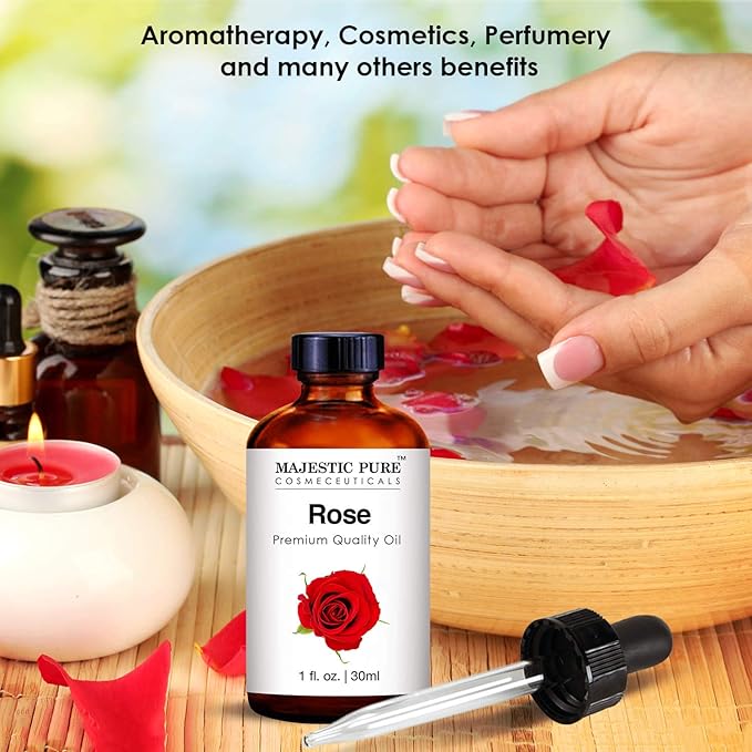 MAJESTIC PURE Rose Essential Oil | 100% Pure and Natural Rose Oil | Premium Grade Essential Oils for Hair Care, Home Diffusers, Skin, Aromatherapy, Massage and Humidifiers | 1 Fl Oz