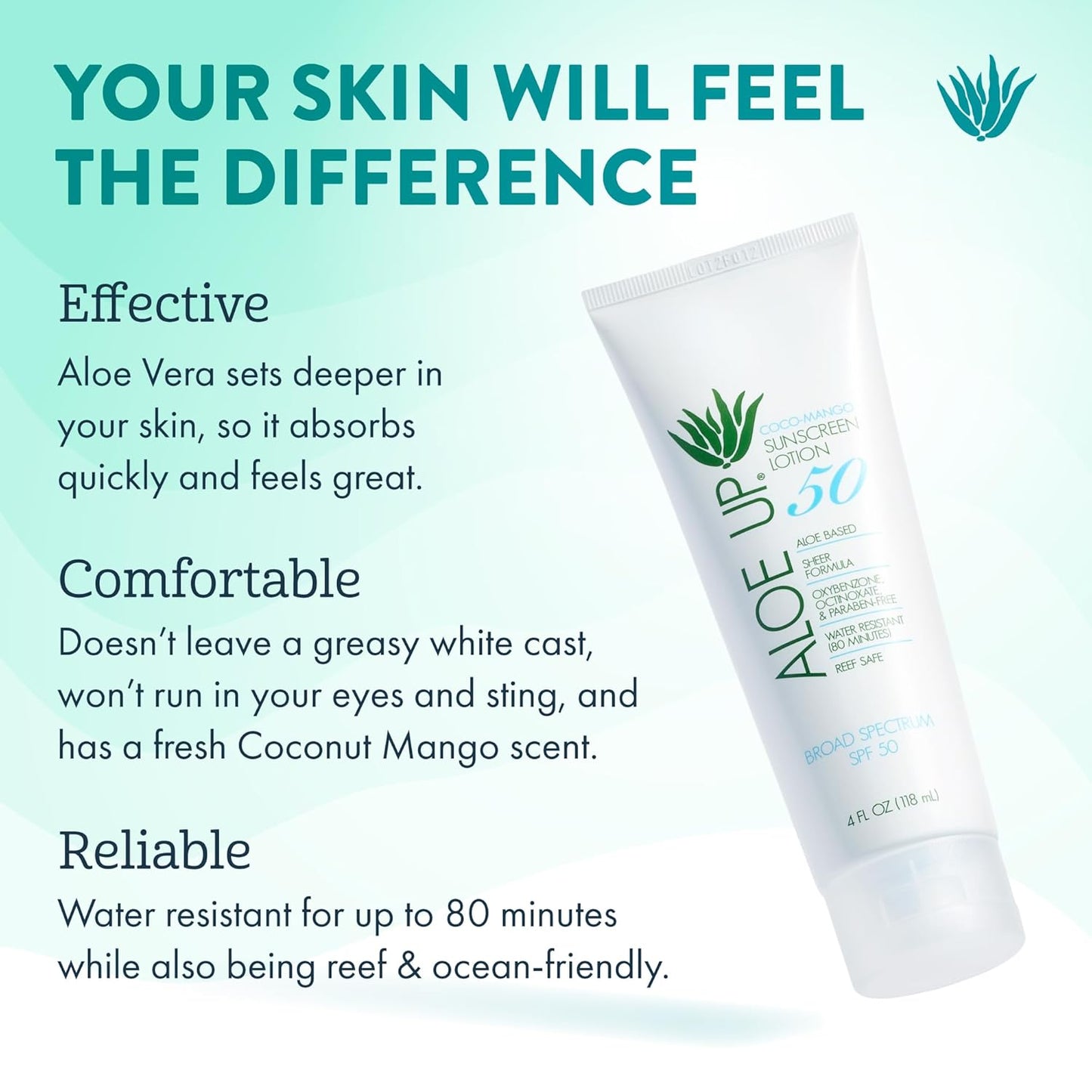Aloe Up SPF 50 Sunscreen for Sensitive Skin - Broad Spectrum Face and Body Sunblock with Aloe Vera - Reef-Safe, Hydrating Coco-Mango Fragrance, 4 Oz