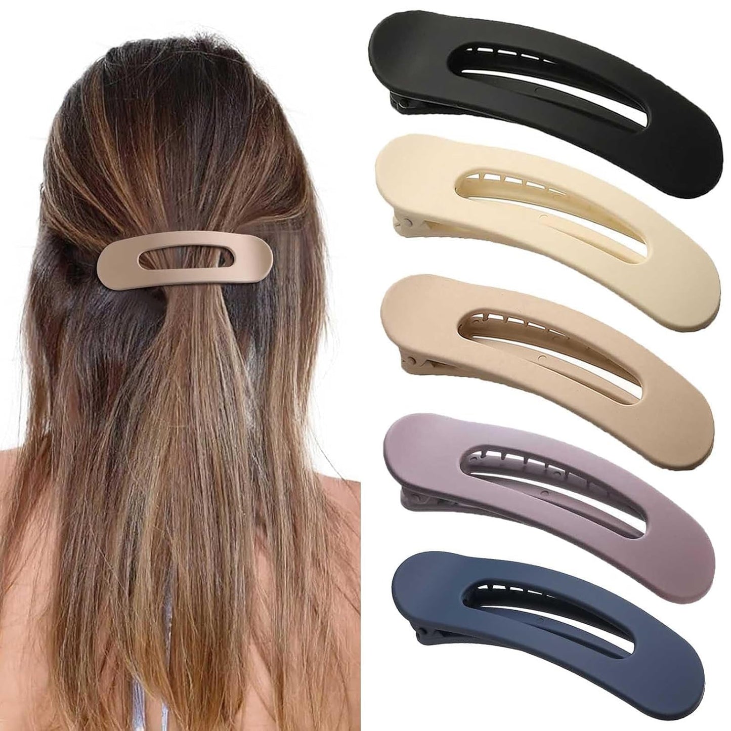 5 PCS Flat Hair Clips, Medium Lay Flat Claw Clips for Women Girls, Stylish Matte Non-slip Hair Claws for Thick Thin Hair(Black&Navy)