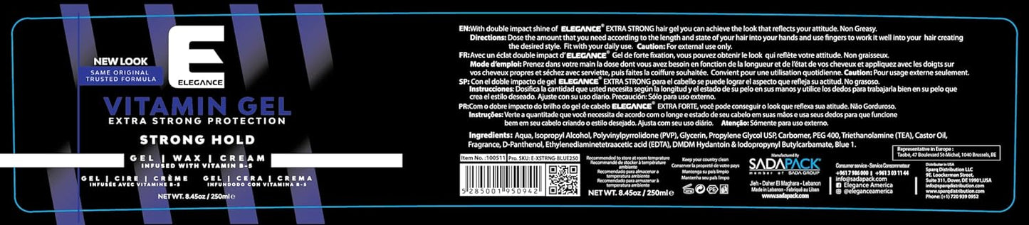 Elegance Vitamin Gel, 8.45 Oz, Infused with Vitamin Pro-VB-5, Strong Hold Gel, Maximum Hair Protection and Natural Long Lasting Shine