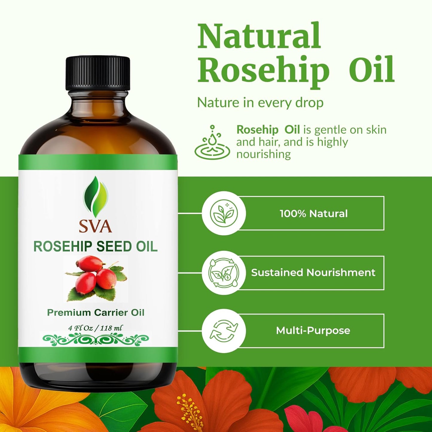 SVA Rosehip Seed Oil - 4 Fl Oz – 100% Natural & Cold Pressed - for Face, Skin Care, Hair Care, Scalp Massage & Body Massage – Carrier Oil with Dropper