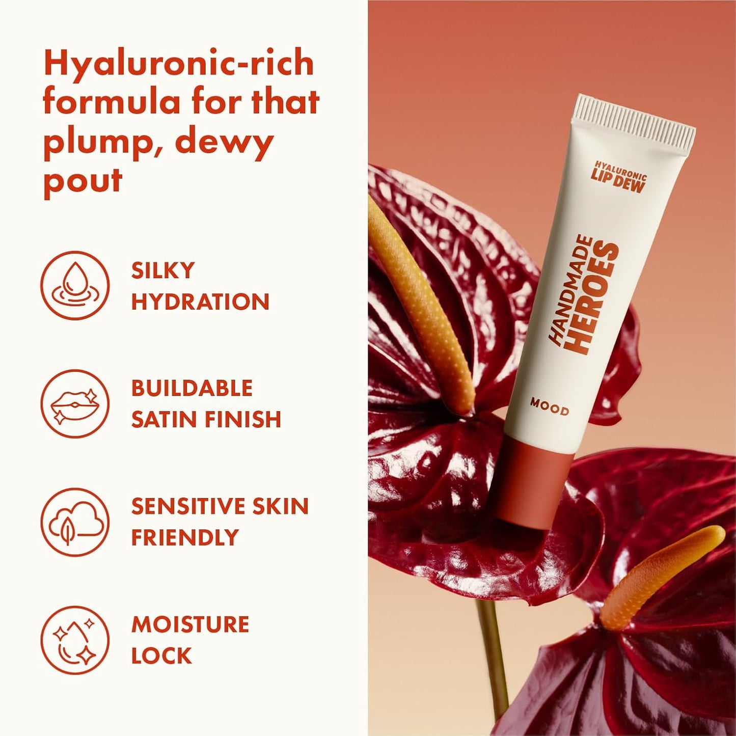 Handmade Heroes 100% Natural Vegan Tinted Lip Gloss with Hyaluronic Acid - Lightweight Moisturizing Soft Lipstick for Dry Lips - Mood (Dark Red)