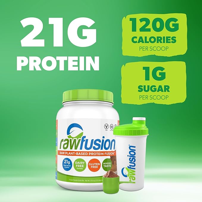 Rawfusion- Vegan Protein Powder, Natural Chocolate - 30 Servings, 21g of Plant Based Protein, Low Net Carbs, Non-Dairy, Gluten/Lactose Free, Soy Free, Kosher, Non-GMO, 2lbs Pound
