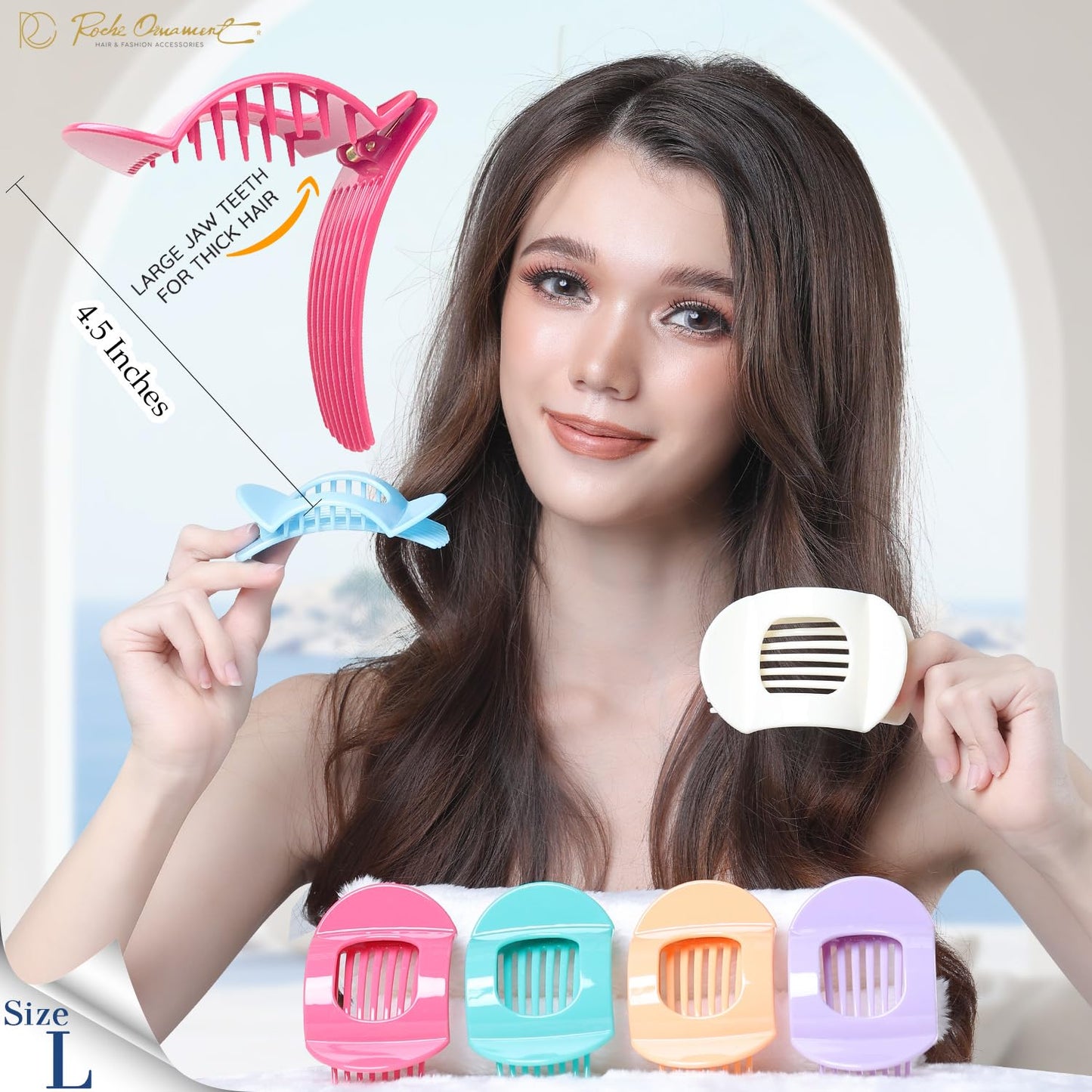 RC ROCHE 6 Pcs Flat Claw Hair Clips for Women Thick Hair French Round Duckbill Square Secure Strong Hold Grip Clamps Barrettes Curved No Slip No Crease Styling Cute Extra Jumbo XL, Large Pastel