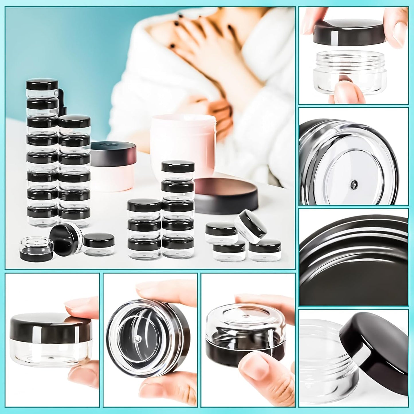 MotBach 50PCS 10g Empty Sample Containers with Black Lids,Refillable Makeup Sample Containers, Small Sample Pot Jars Travel Makeup Containers with Mini Spatulas for Liquid Powder Creams Lotions