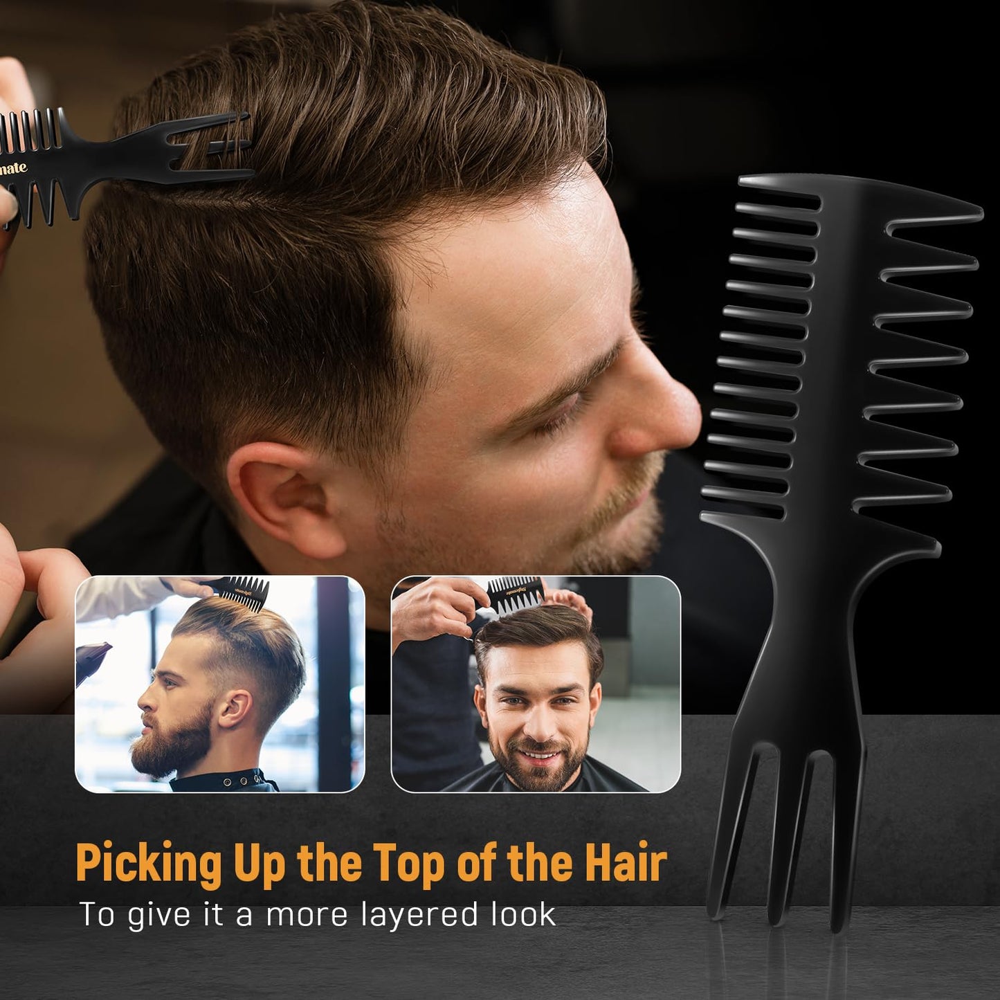 3Pcs Hair Styling Combs Set For Men - Black Barber Wide Tooth Texture Comb For Quiff, Pompadour, Slicked-back, Fauxhawk, Undercut