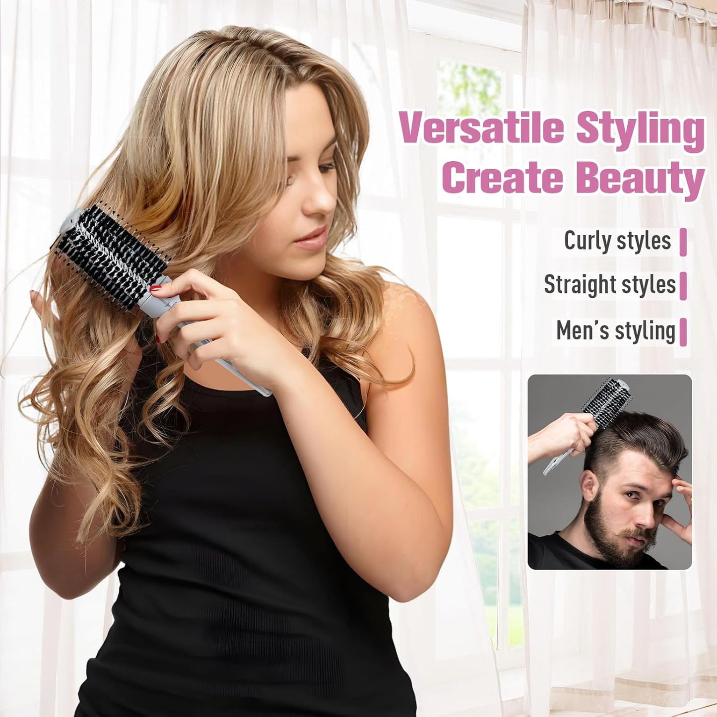 Round Hair Brush with Wild Boar Bristles – Specialized for Blowouts & Styling at Home or Salon, Suitable for All Hair Types.Silver