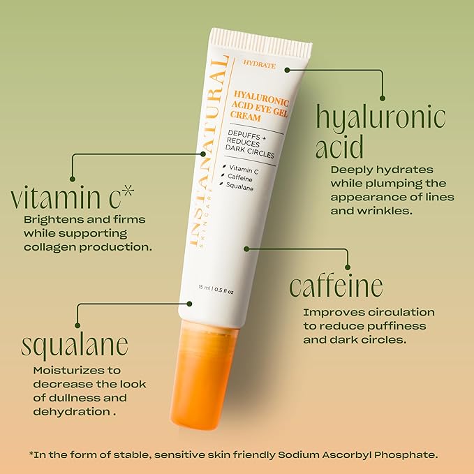 InstaNatural Hyaluronic Acid Eye Gel Cream, Hydrating Under Eye Cream for Women & Men, Decreases Puffiness, Dark Circles and Wrinkles, with Vitamin C, Caffeine, Squalane & Peptides, 0.5 Fl Oz