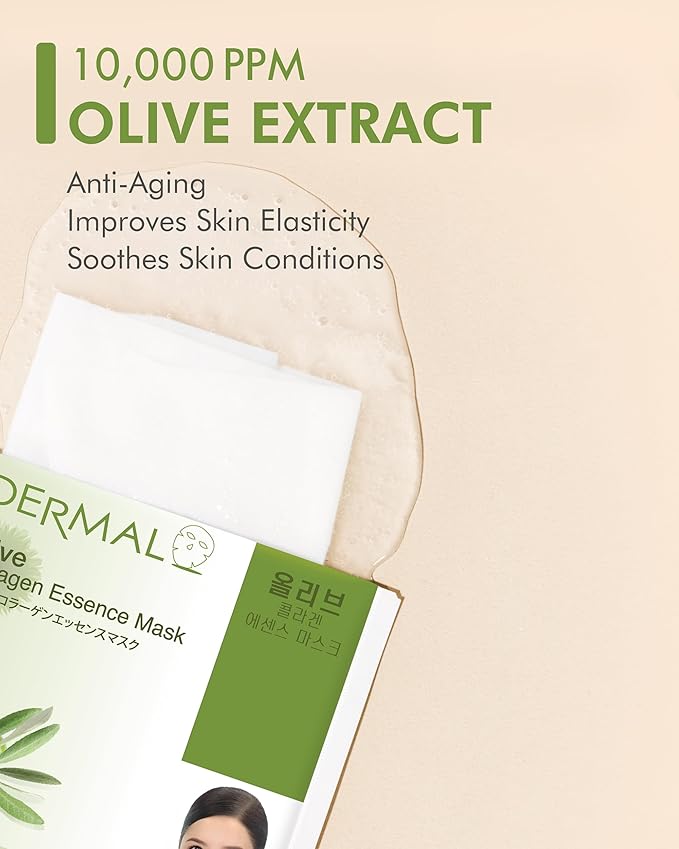 DERMAL Olive Collagen Essence Korean Facial Mask Sheet Pack of 10 - Nourishing, Deep Hydration, Reduces Fine Wrinkles - Hypoallergenic Skin Friendly Sheet