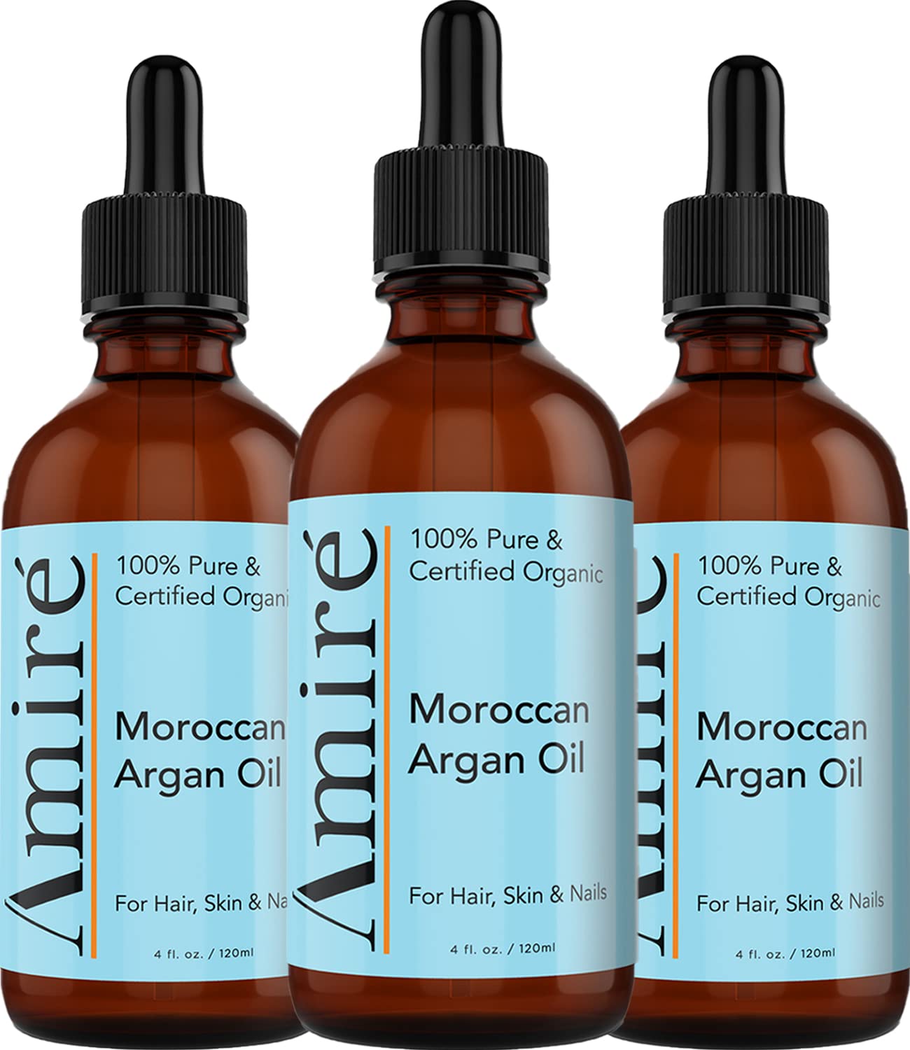 3 Pack of USDA Certified Organic Argan Oil 4oz, Triple Extra Virgin Grade Moroccan Argan Oil for Skin, Face, & Nails. Moisturizer. Scalp Treatment Hair Oil for Dry, Damaged, Brittle Hair.