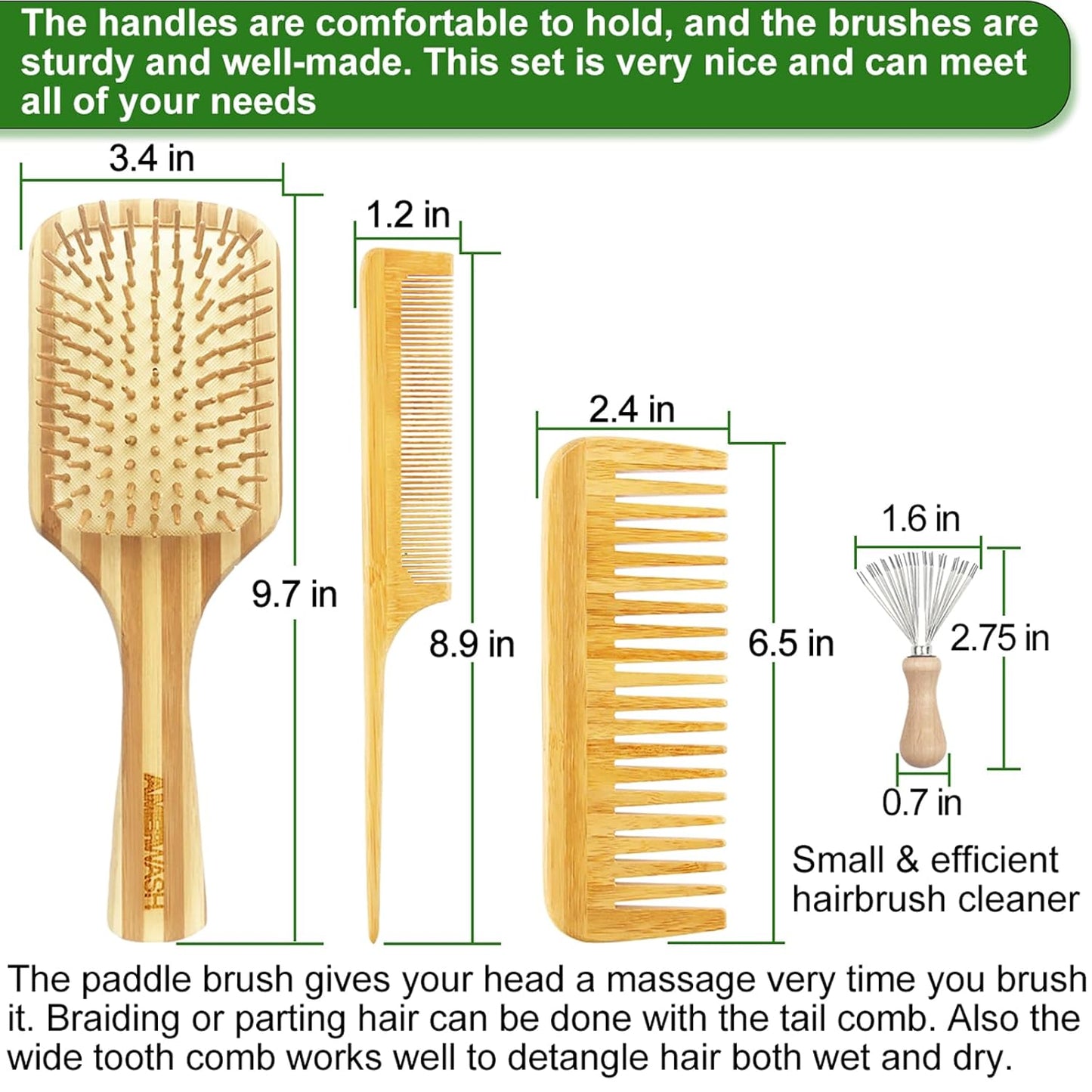 Bamboo Hair Brush Comb Set for Women, Wooden Paddle Detangling Brush for Thick Thin Curly Straight Wavy Fine Hair, Wide Tooth & Tail Comb Great for Wet or Dry Use, Hairbrush Cleaning Tool Included