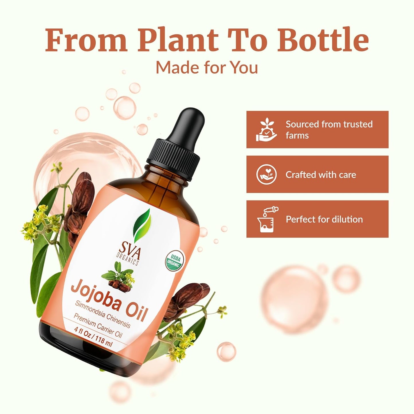 SVA Jojoba Seed Oil Organic - 4 Fl Oz – 100% Natural Cold Pressed Organic Jojoba Oil - for Face, Skin Care, Hair Care, Scalp Massage & Body Massage – Carrier Oil with Dropper