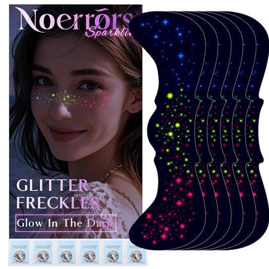 Noerrors 6pcs Rainbow Freckles Face Tattoo Sticker Glow under UV Light Blacklight in the Dark, Neon Fluorescent Glitter Colorful Star Fake Faux Freckle Temporary Patches Makeup for Party Supplies #02