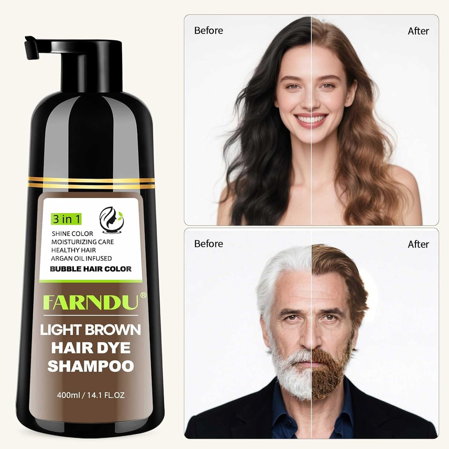 Light Brown Hair Dye Shampoo, 3 in 1 Instant Hair Color with 15 Min Gray Coverage, Natural Semi-Permanent Herbal Shampoo for Men & Women