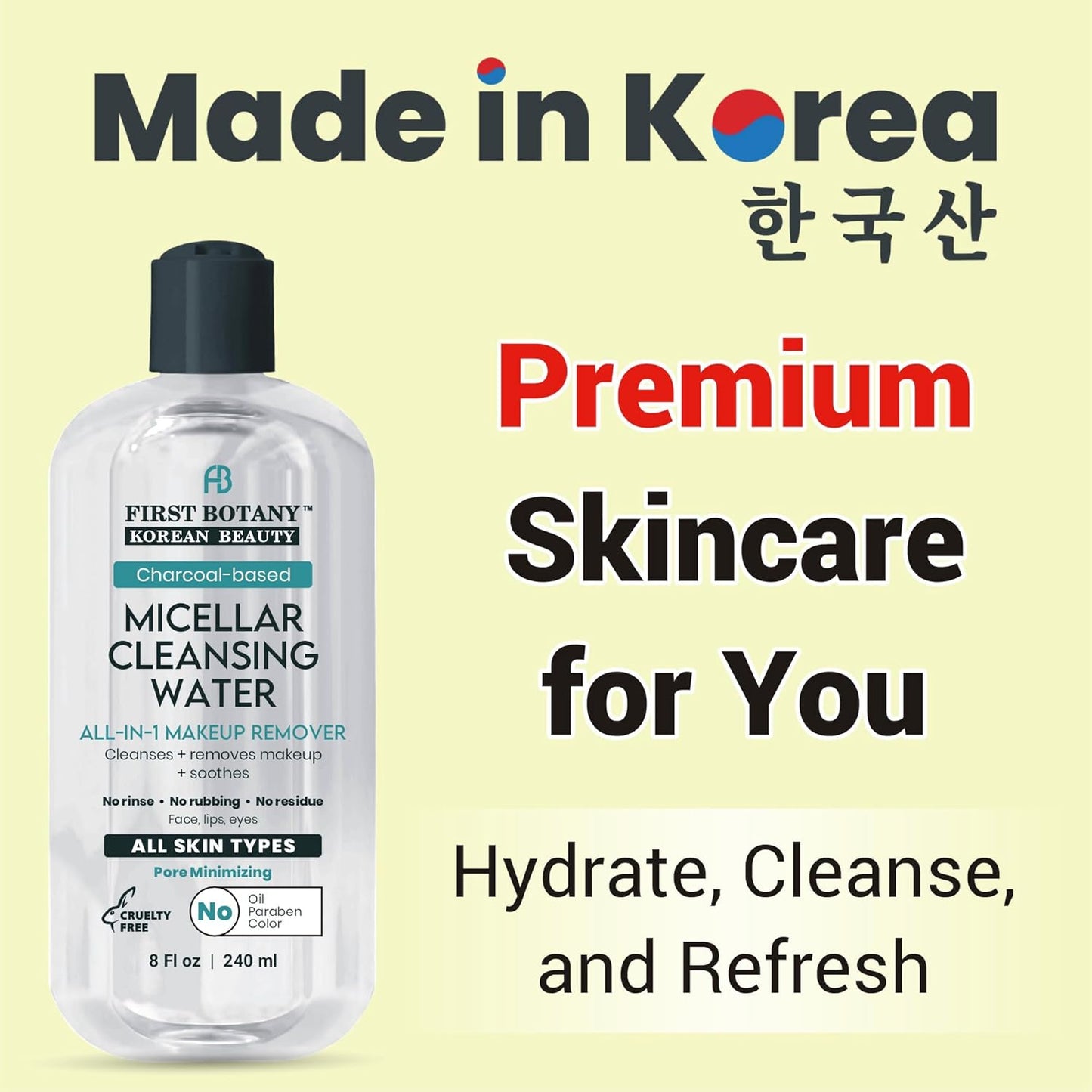 Korean Micellar Water Makeup Remover - Charcoal Hydrating Toner and Cleanser, Pore Cleansing,Oil-Free, Gentle for All Skin Types 8 oz,