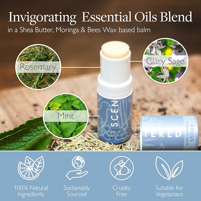 Scentered Aromatherapy Balm Stick for Focus & Concentration - Roll On Essential Oils Blend - 100% Natural: Rosemary, Mint, Clary Sage in Shea Butter - Aromatherapy Gifts for Women