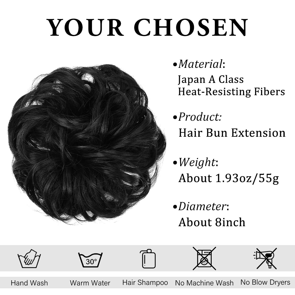 CJL HAIR Large Messy Bun Hair Piece Wavy Curly Scrunchies Synthetic Chignon Ponytail Hair Extensions Thick Updo Hairpieces for Women Jet Black