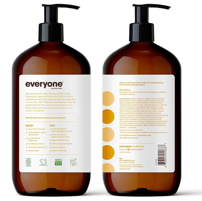 Everyone Nourishing Hand and Body Lotion, 32 Ounce (Pack of 2), Coconut and Lemon, Plant-Based Lotion with Pure Essential Oils, Coconut Oil, Aloe Vera and Vitamin E
