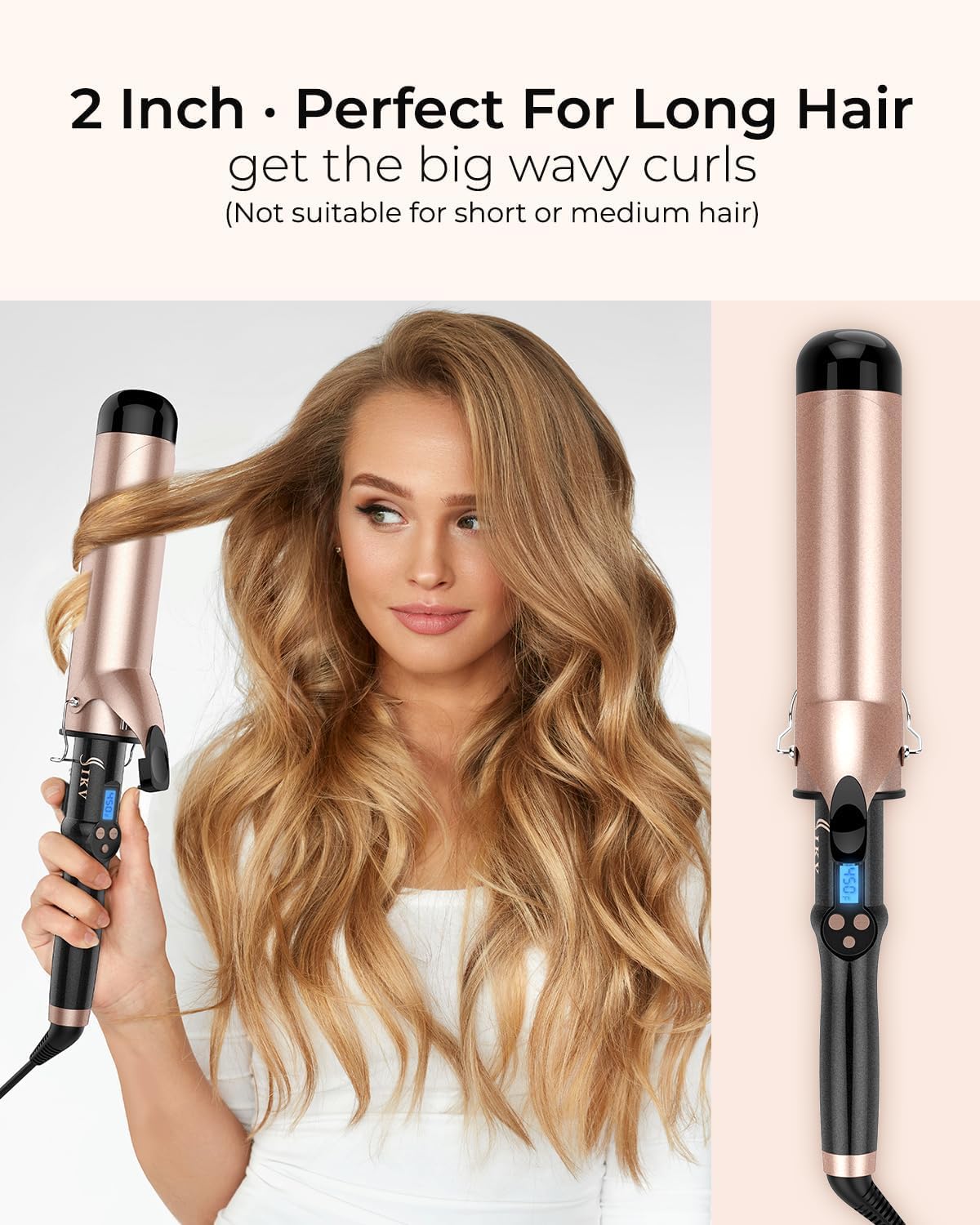 2 Inch Curling Iron Extra Long Barrel for Long Hair, Large Barrel Curling Wand Ceramic Tourmaline with LCD Display,10 Temps, Dual Voltage