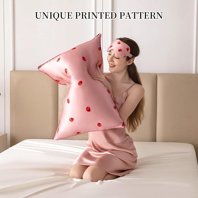 THXSILK Sleep Mask 100% 19 Momme Pure Mulberry Silk Super Smooth Cooling Decorative Sleep Eye Mask Blackout Eye Cover with Wide Head Strap, Strawberry-Pink