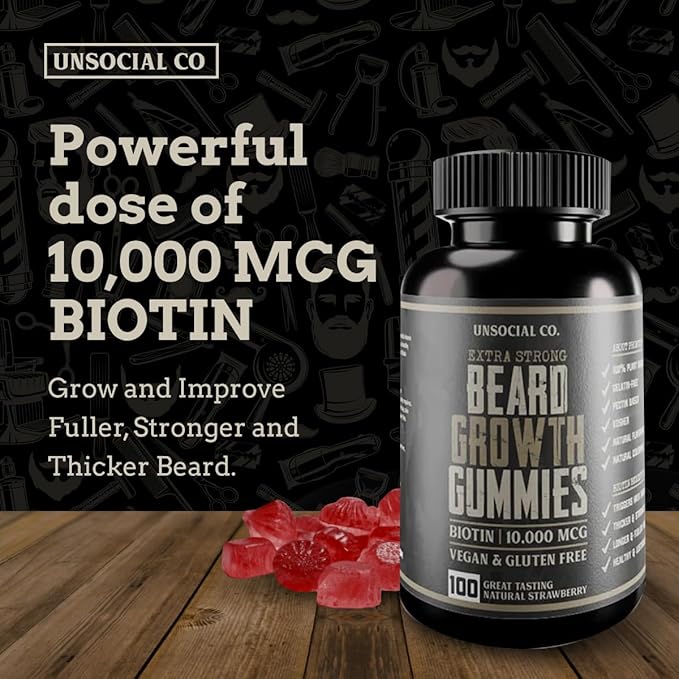 Unsocial Co. Extra Strong Beard Growth Vitamins Gummies | Biotin 10000 MCG | Promotes Strong & Thick Facial Hair Growth for Men | Beard Gummies for Men | Strawberry