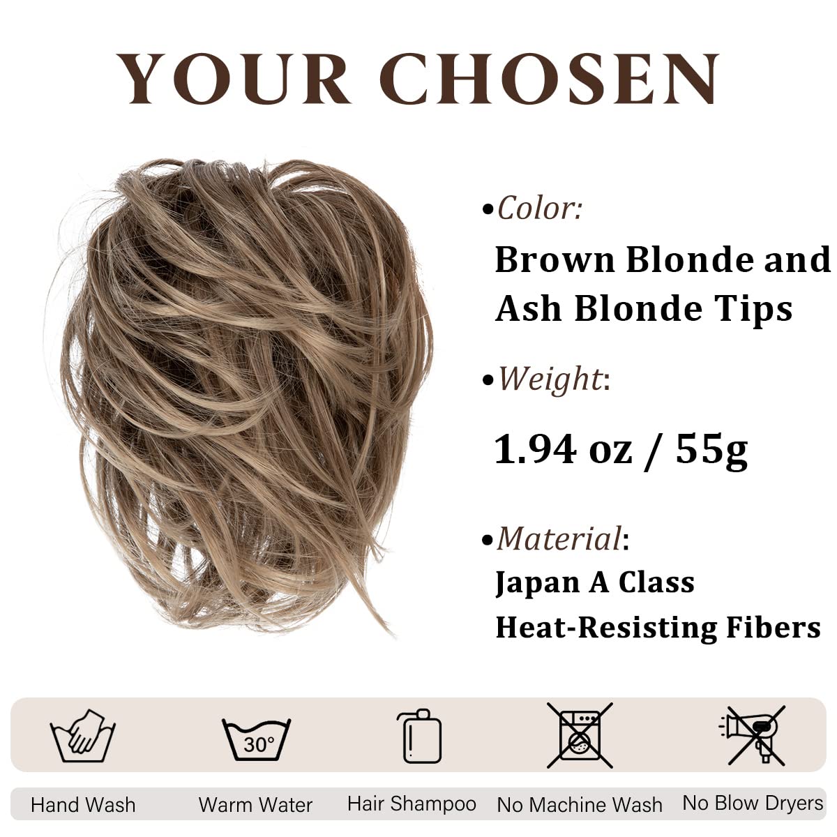 CJL HAIR Large Messy Bun Hair Piece Wavy Curly Scrunchies Synthetic Chignon Ponytail Hair Extensions Thick Updo Hairpieces for Women Brunette and Ash Blonde Tips