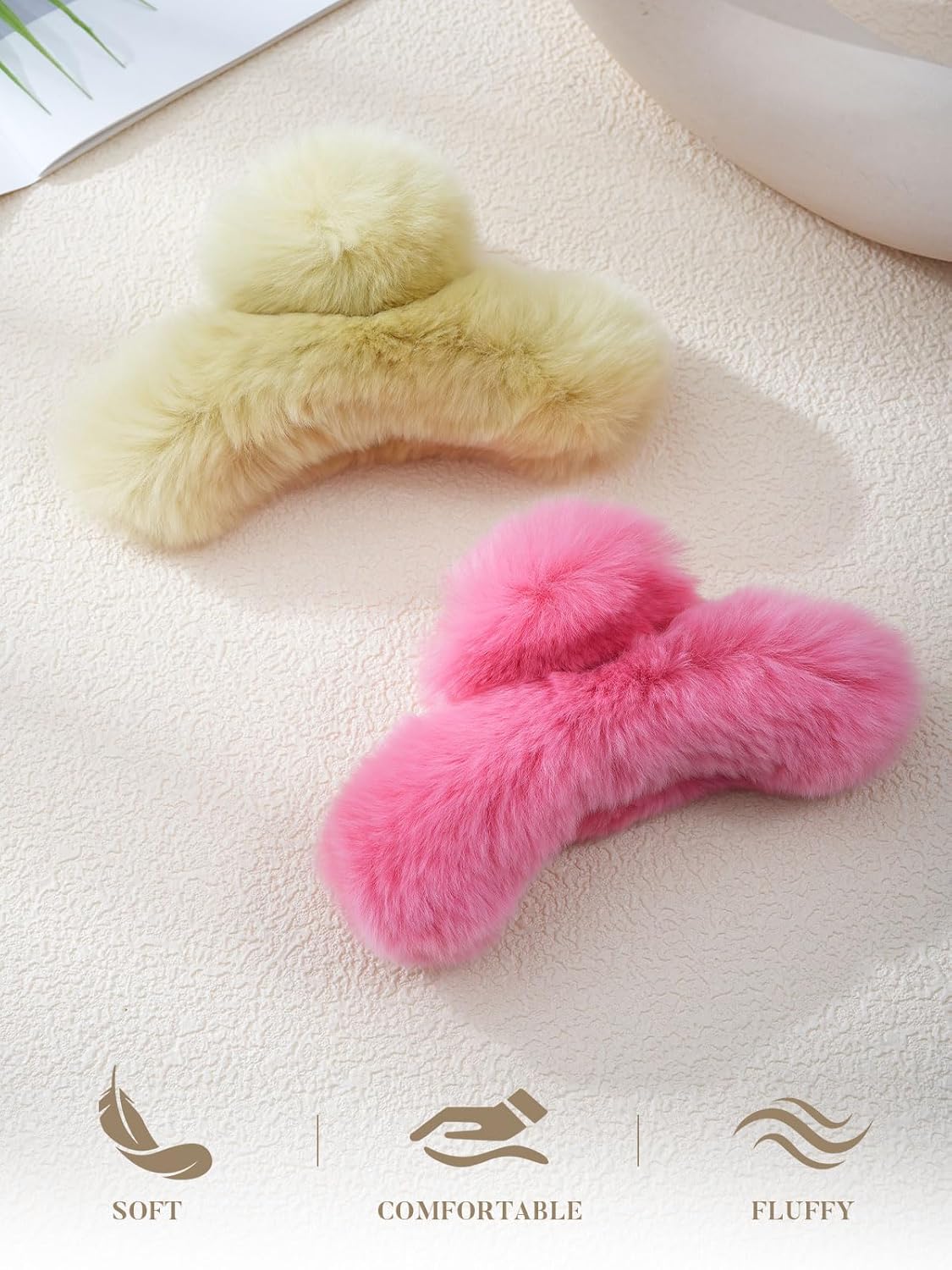 ACECHA 2 Pack Large Fluffy Fuzzy Hair Claw Clips for Women, 5.9" Winter Fur Furry Hairclips, Soft Plush Aesthetic Hair Accessories for Christmas Halloween New Year Party (Green & Hot pink)