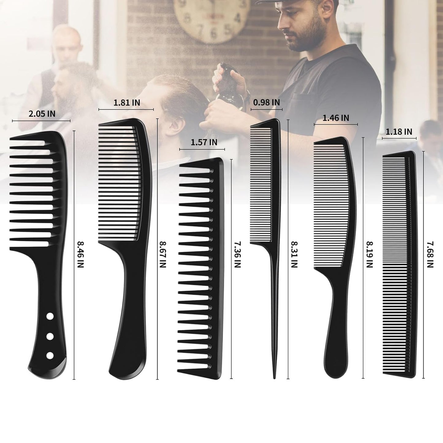 6 PCS Hair Comb Set Black, Durable Wide and Fine Tooth Rat Tail Hair Barber Comb for Women & Man, Professional Combs for Wet Curly Natural Hair Detangling Parting Teasing Styling & Cutting