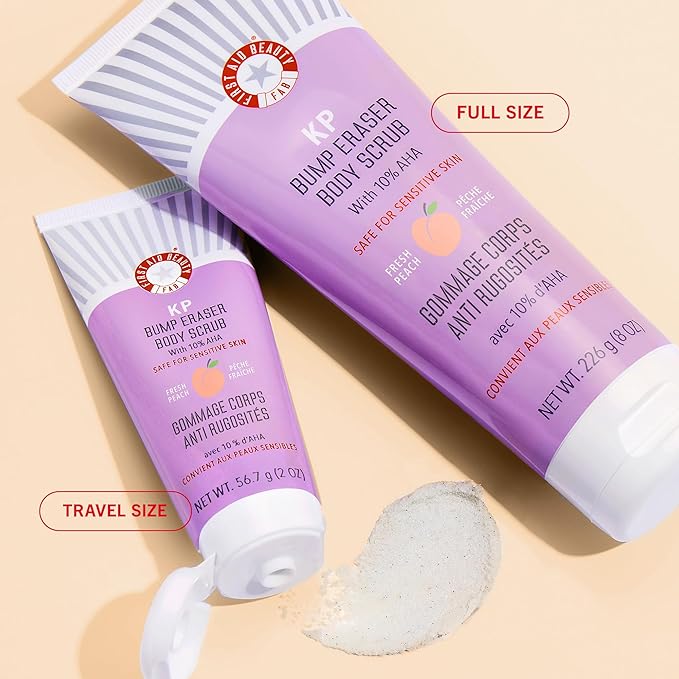 First Aid Beauty - KP Bump Eraser Body Scrub with 10% AHA, Keratosis Pilaris Exfoliator with Glycolic and Lactic acids, Helps Reduce Chicken Skin Bumps, Safe for Sensitive Skin, NEW Peach Scent (8 oz)