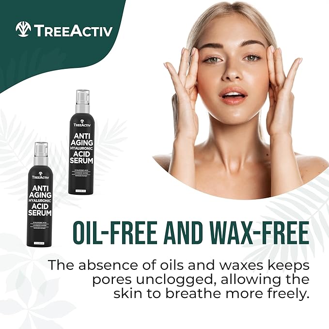 Anti-Aging Hyaluronic Acid Serum for Face 2 oz, Hydrating Wrinkle Repair for Skin Care, Pure Hyaluronic Acid Face Serum for Women, Oil-Free Anti-Aging for Advanced Skin Repair TreeActiv