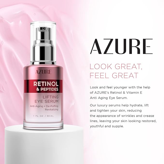 Azure Cosmetics Retinol & Peptides Lifting Eye Serum - Anti Aging, De-Puffing & Revitalizing Dark Circle Corrector - Reduces Wrinkles, Fine Lines & Under Eye Bags - Made in Korea - 30mL / 1 fl.oz.