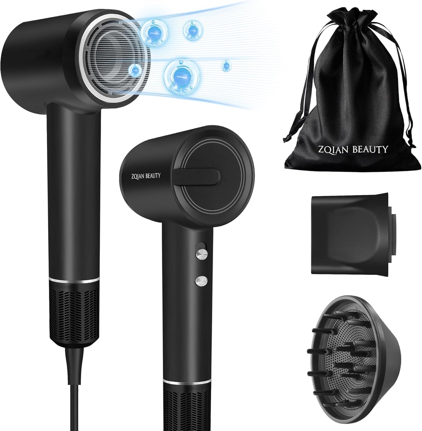 Blow Dryer with 200 Million Negative Ions, Professional High-Speed Hair Dryer for Women and Men Fast Drying Low Noise Travel Hairdryer (Black, with Concentrator Nozzle and Diffuser Nozzle)