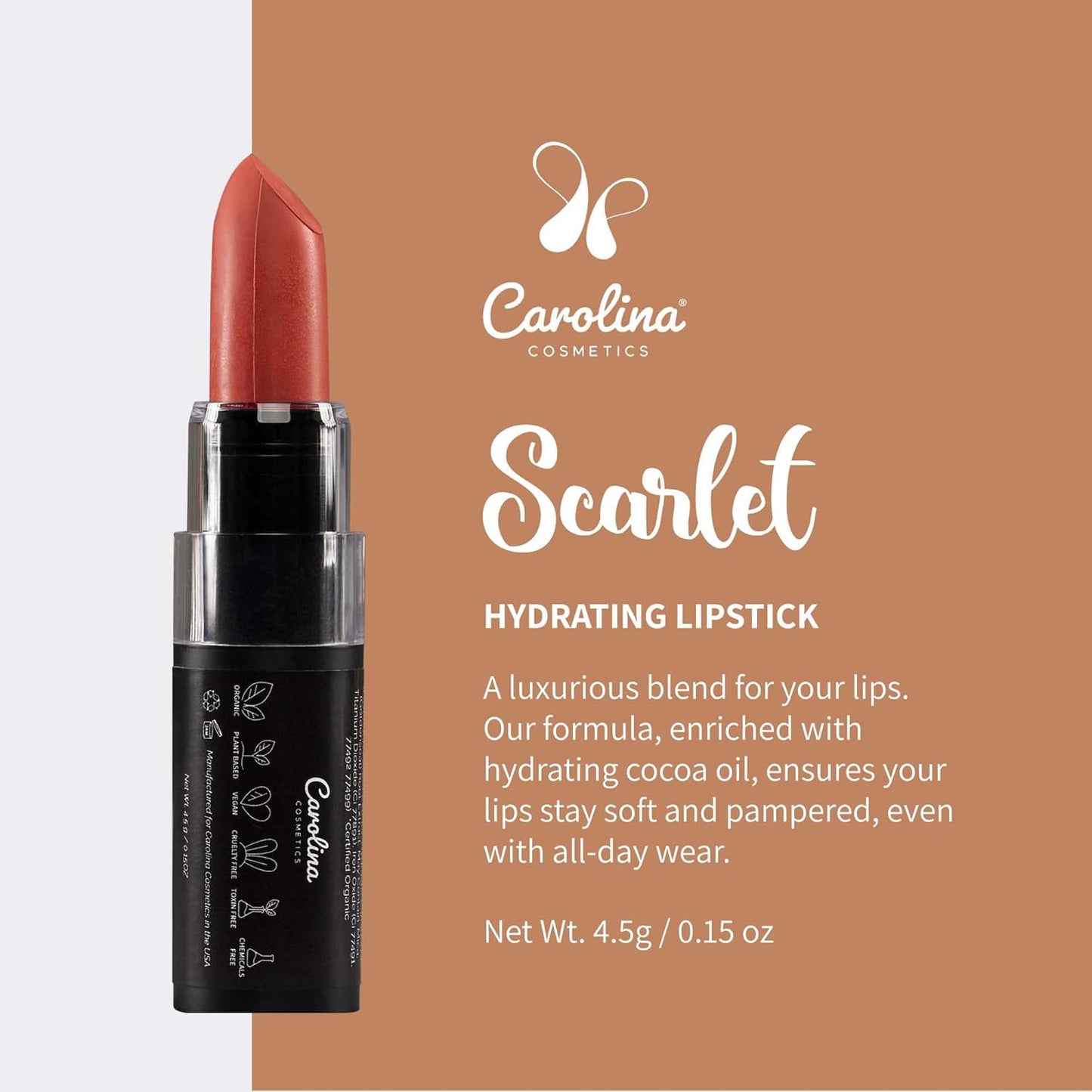 Carolina COSMETICS - Plant-Based Moisturizing Lipstick - Scarlet Shade 0.15oz- Hydrating with Cocoa Oil, Gluten-Free, Vegan, Non-GMO, Paraben-Free - Lightweight Cream Texture