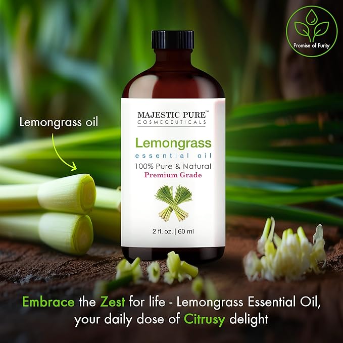 MAJESTIC PURE Lemongrass Essential Oil with Glass Dropper | 100% Pure and Natural Lemongrass Oil | Premium Grade Essential Oils for Diffusers, Skin, Aromatherapy, Massage | 2 Fl Oz