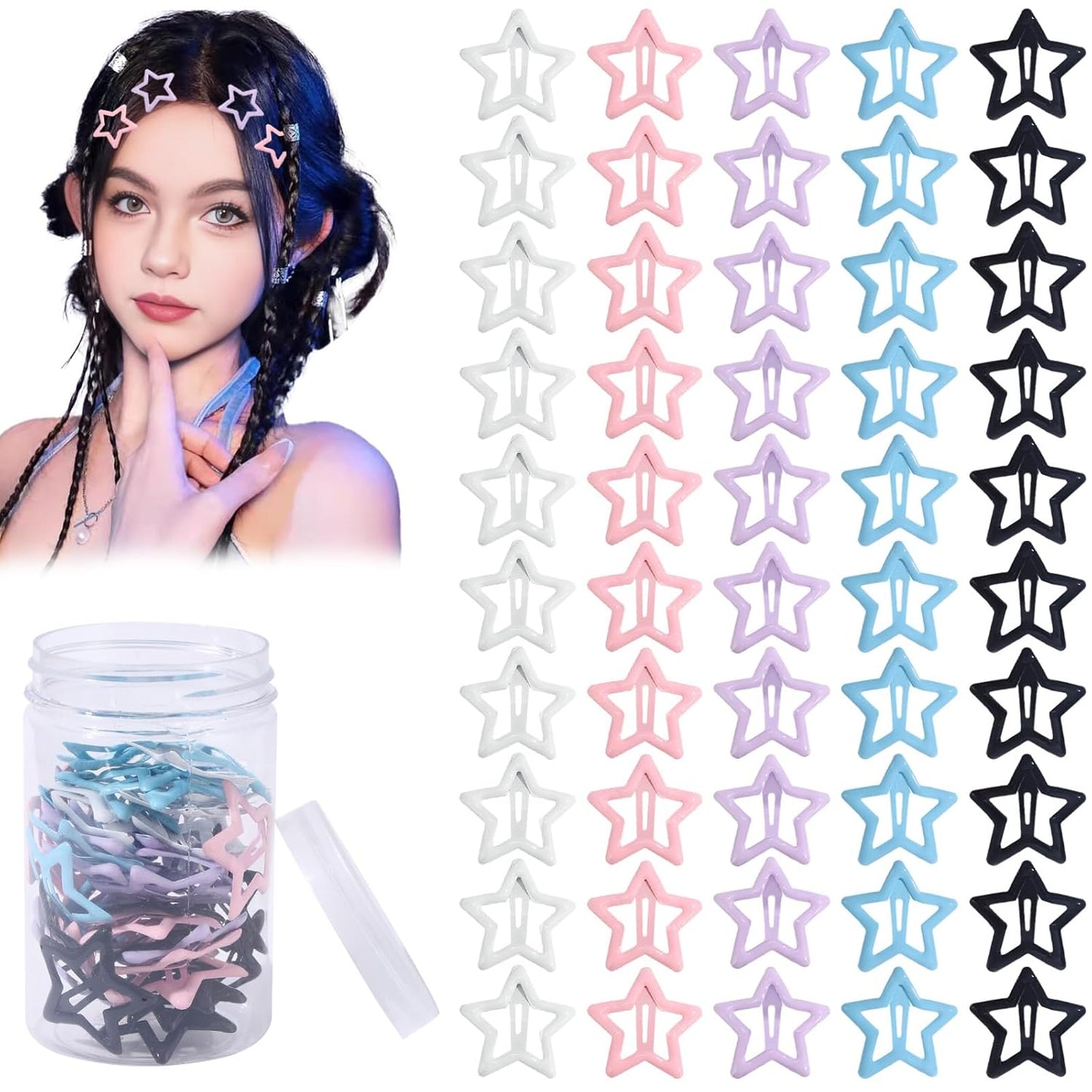50pcs Cute Star Hair Clips - Metal Snap Non Slip Star Barrettes for Women - Black, White, Pink, Purple, Blue