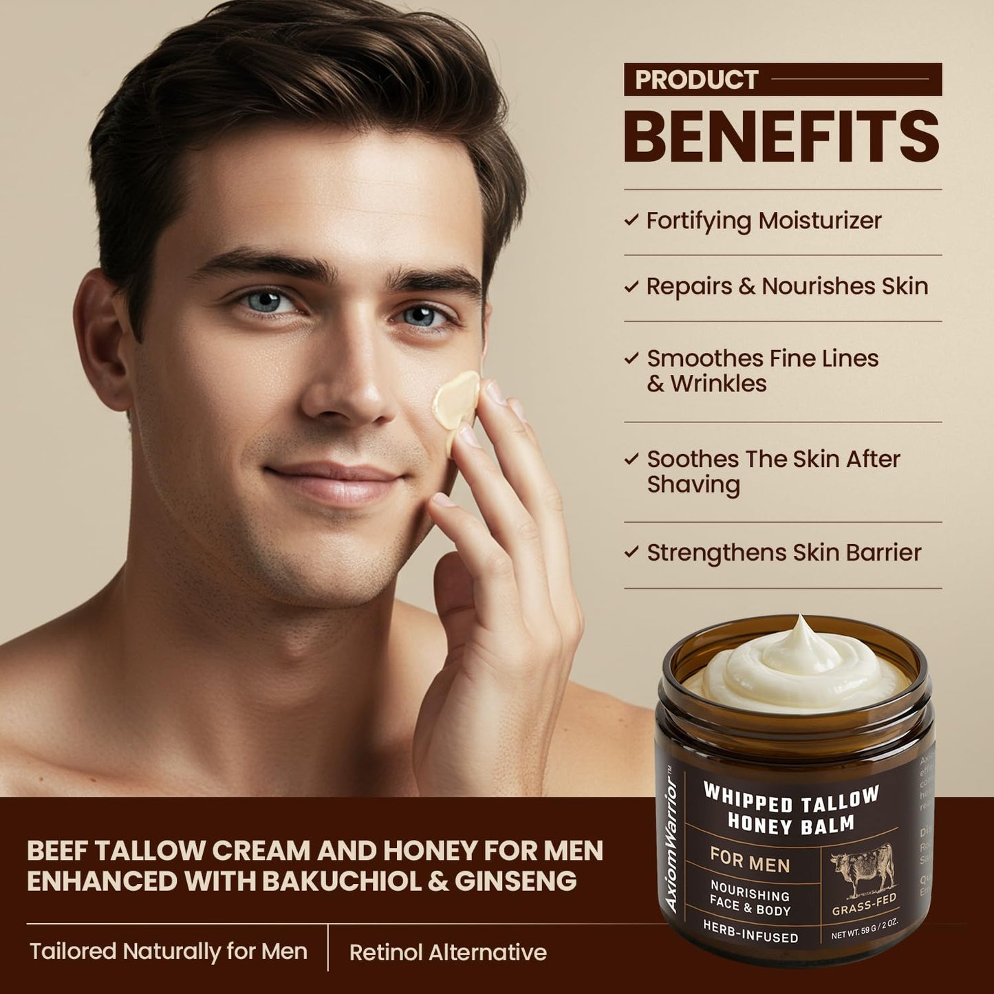 Beef Tallow and Honey Balm for Skin: Whipped Organic Beef Tallow Moisturizer Cream for Face & Body with Grass Fed & Finished - Hydrates, Nourishes & Smoothes - Sensitive, Dry Skin - 2oz